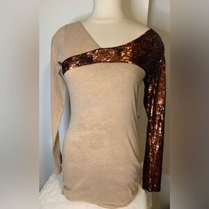 SUGAR DADDY, Sequin One-Shoulder Tan Top. Size L